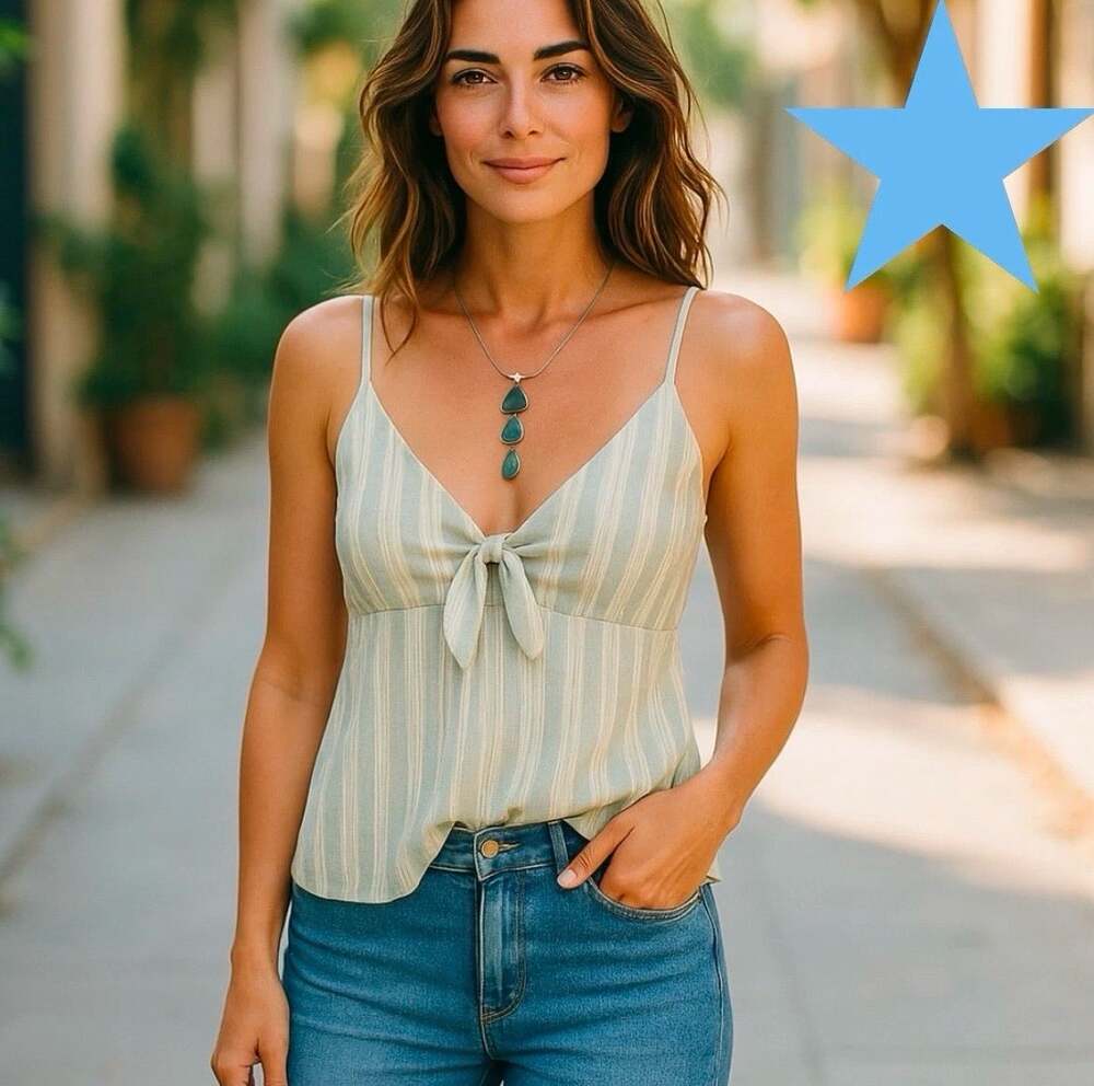Chaser Pale Aqua Gray Cream Striped Tie Front Tank Cami Top Size S 2 4 NWT